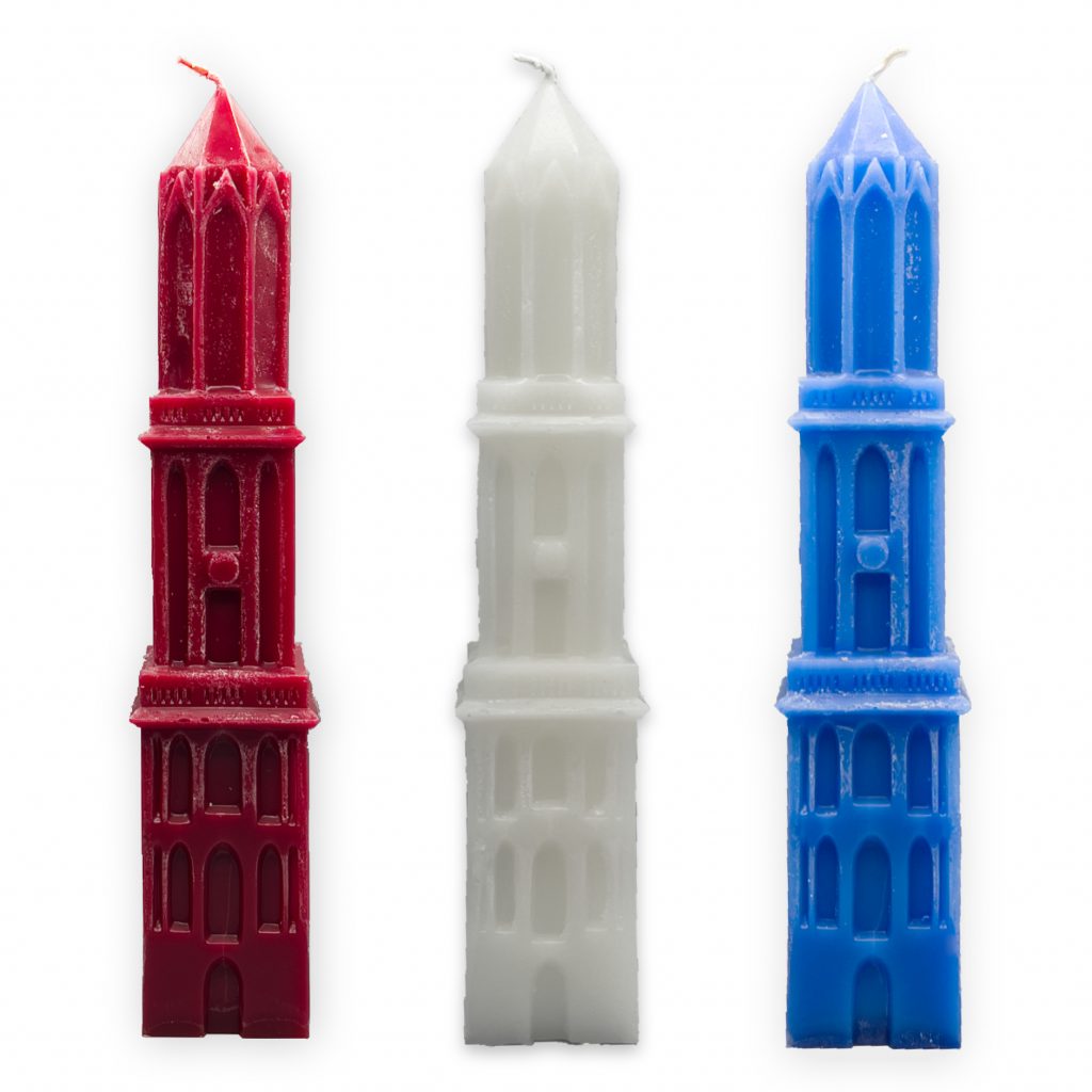 Set van 3 ambachtelijk gegoten domkaarsen: rood, wit, blauw in stijlvol doosje